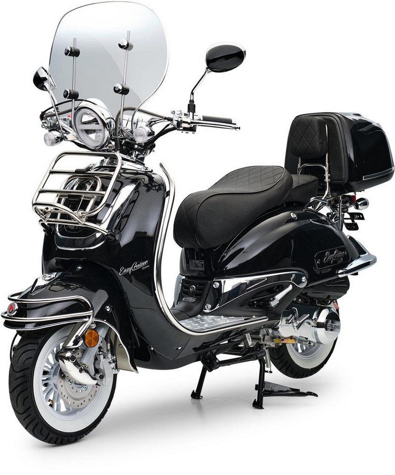 Burnout Motorroller 125cc EasyCruiser Retro Schwarz, 125 ccm, 85 km/h, Euro 5+, (Chrom-Paket, inkl. Topcase Windschild USB LED digitales Cockpit), Zweisitzer – Bild 3 von 5