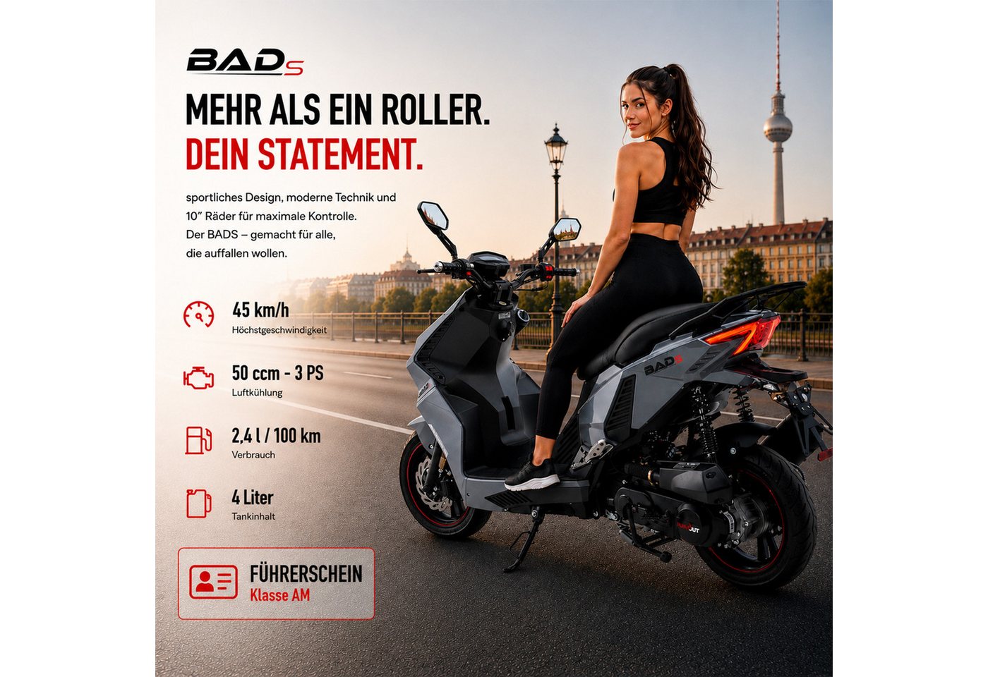 Burnout Motorroller BAD s Grau, 50 ccm, 45 km/h, Euro 5, Keyless-Go, Alarmanlage, LED-Beleuchtung – Bild 2 von 5