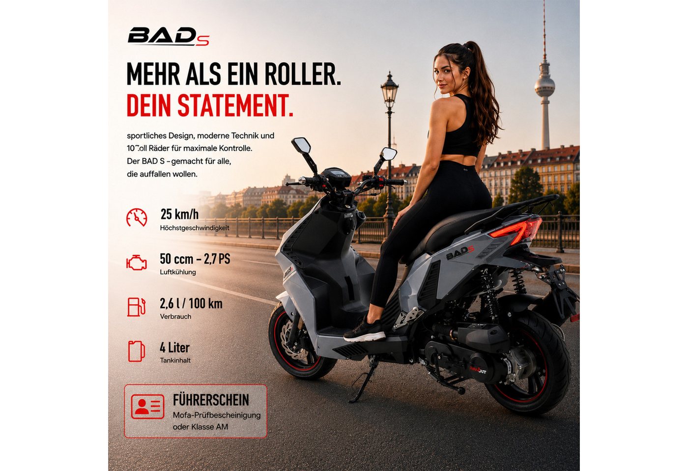 Burnout Motorroller BAD s Grau, 50 ccm, 25 km/h, Euro 5, Keyless-Go, Alarmanlage, LED-Beleuchtung – Bild 2 von 5