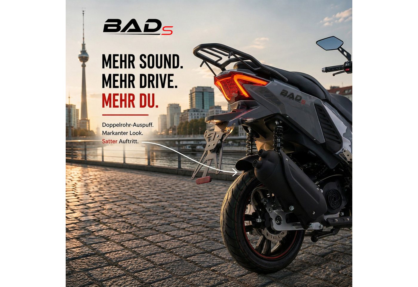 Burnout Motorroller BAD s Grau, 50 ccm, 25 km/h, Euro 5, Keyless-Go, Alarmanlage, LED-Beleuchtung – Bild 4 von 5