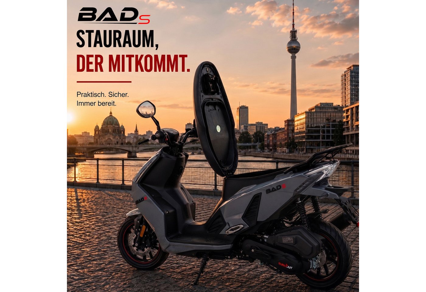 Burnout Motorroller BAD s Grau, 50 ccm, 25 km/h, Euro 5, Keyless-Go, Alarmanlage, LED-Beleuchtung – Bild 5 von 5