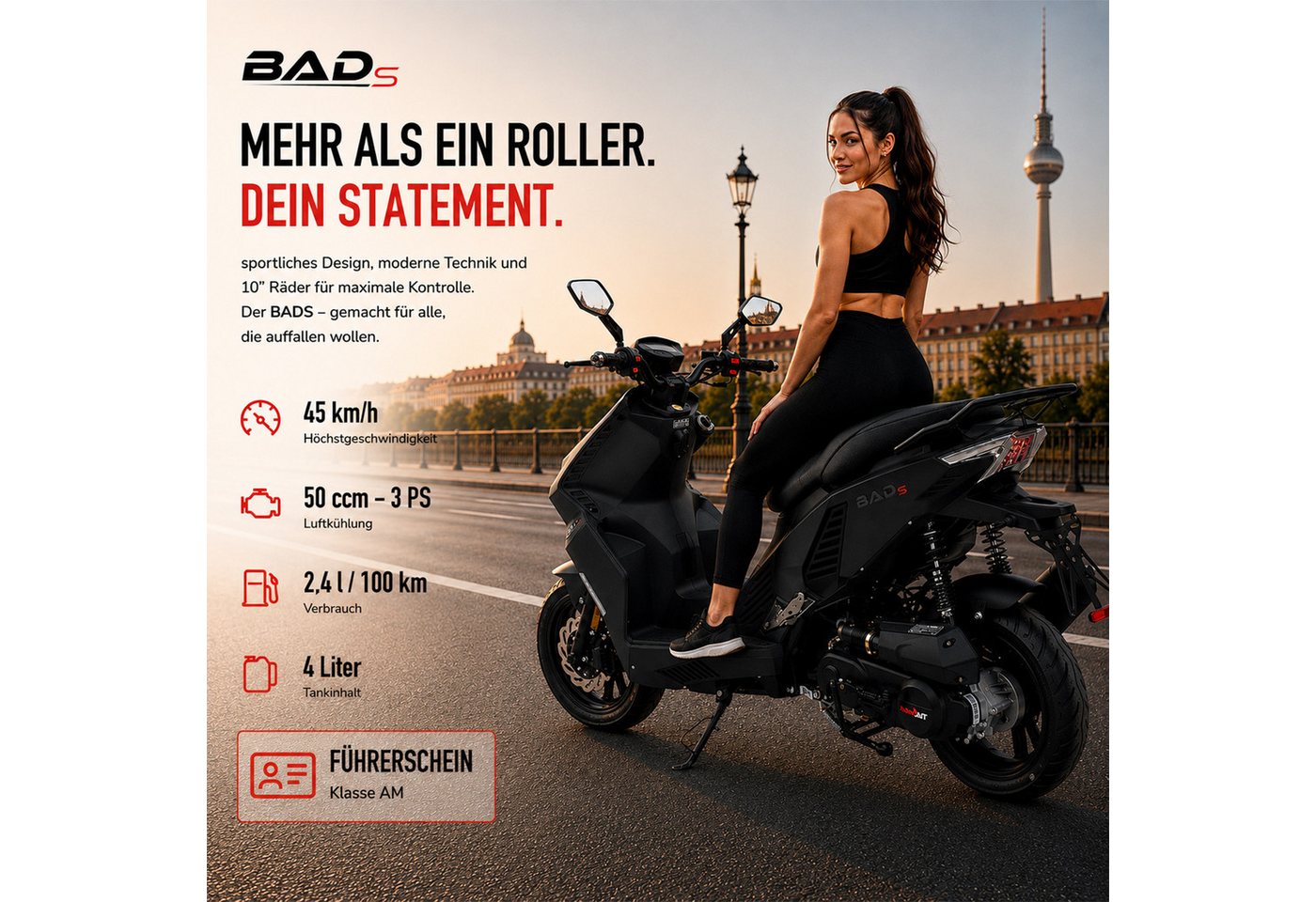 Burnout Motorroller BAD s Mattschwarz, 50 ccm, 45 km/h, Euro 5, Keyless-Go, Alarmanlage, LED-Beleuchtung – Bild 2 von 5