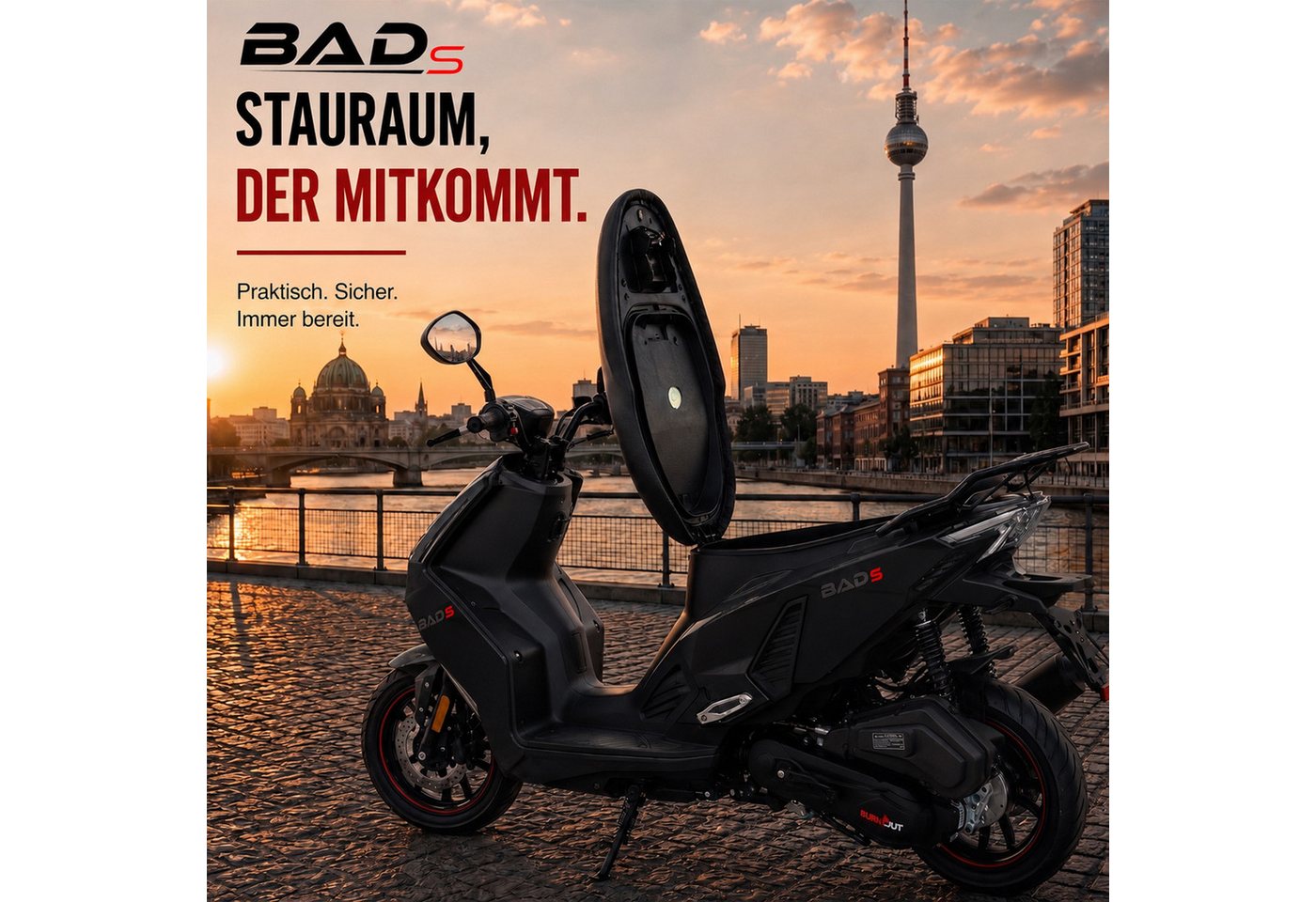 Burnout Motorroller BAD s Mattschwarz, 50 ccm, 45 km/h, Euro 5, Keyless-Go, Alarmanlage, LED-Beleuchtung – Bild 5 von 5