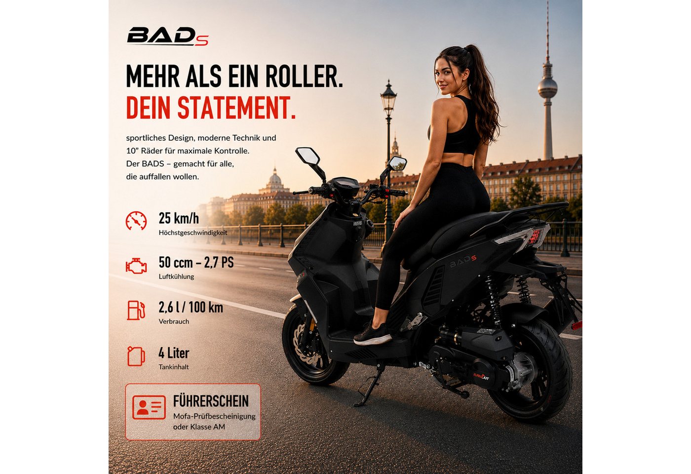 Burnout Motorroller BAD s Mattschwarz, 50 ccm, 25 km/h, Euro 5, Keyless-Go, Alarmanlage, LED-Beleuchtung – Bild 2 von 5