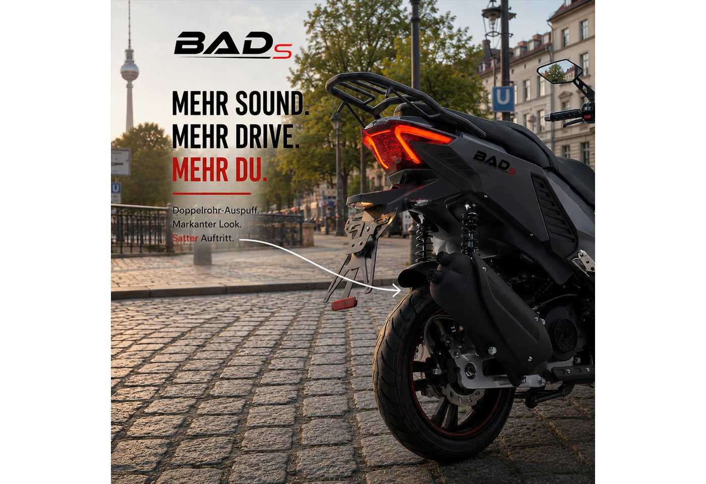 Burnout Motorroller BAD s Mattschwarz, 50 ccm, 25 km/h, Euro 5, Keyless-Go, Alarmanlage, LED-Beleuchtung – Bild 4 von 5
