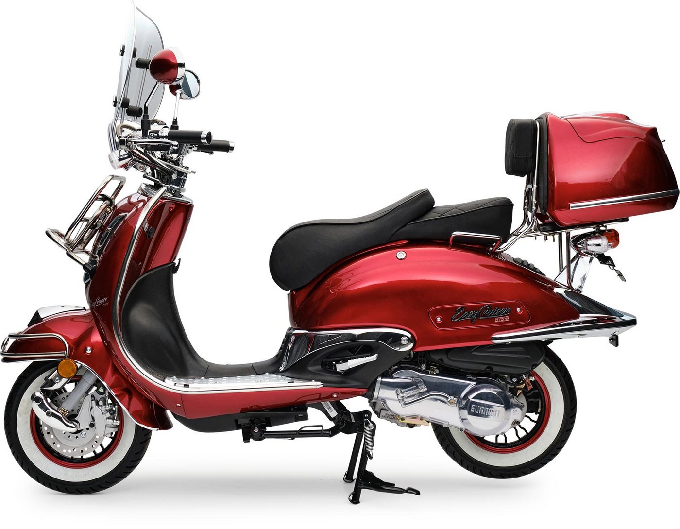 Burnout Motorroller EasyCruiser Chrom Dunkelrot, 50 ccm, 25 km/h, Euro 5, Mofa, 4-Takt EFI, Retro, Weißwandreifen, Windschild, Topcase, USB-A/C – Bild 2 von 5