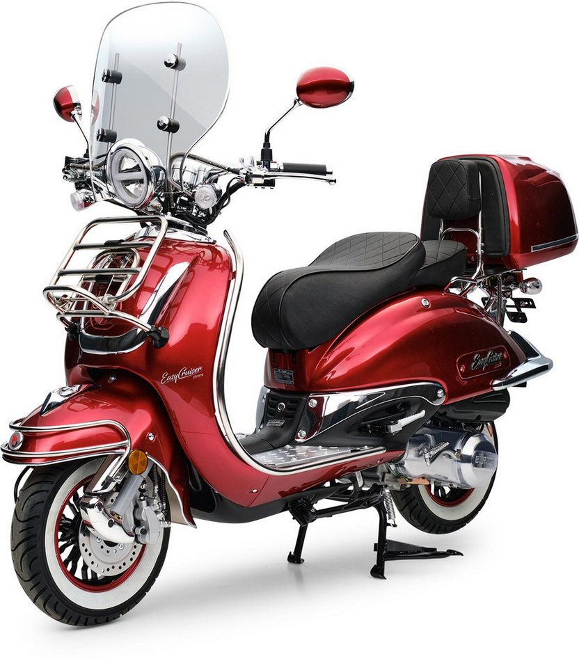 Burnout Motorroller EasyCruiser Chrom Dunkelrot, 50 ccm, 25 km/h, Euro 5, Mofa, 4-Takt EFI, Retro, Weißwandreifen, Windschild, Topcase, USB-A/C – Bild 3 von 5