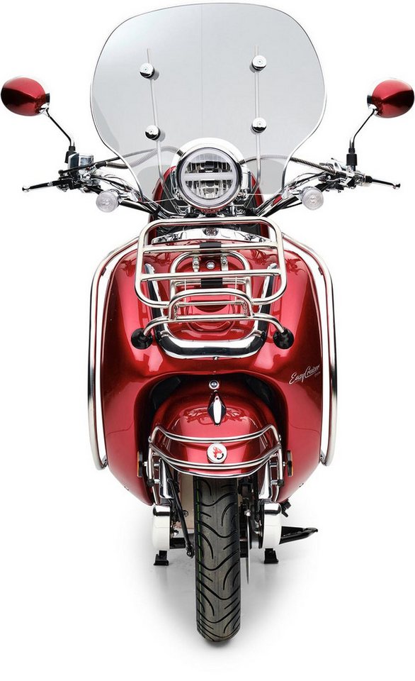 Burnout Motorroller EasyCruiser Chrom Dunkelrot, 50 ccm, 25 km/h, Euro 5, Mofa, 4-Takt EFI, Retro, Weißwandreifen, Windschild, Topcase, USB-A/C – Bild 4 von 5