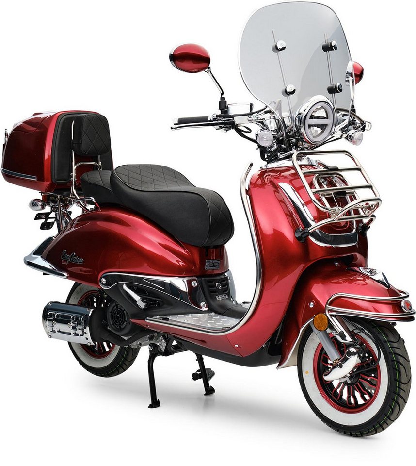Burnout Motorroller EasyCruiser Chrom Dunkelrot, 50 ccm, 25 km/h, Euro 5, Mofa, 4-Takt EFI, Retro, Weißwandreifen, Windschild, Topcase, USB-A/C – Bild 5 von 5