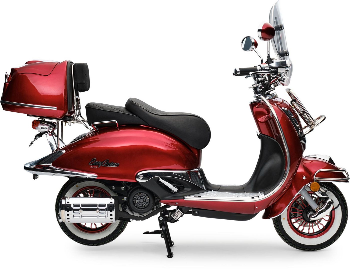 Burnout Motorroller EasyCruiser Chrom Dunkelrot, 50 ccm, 45 km/h, Euro 5, 4-Takt EFI, Retro, Weißwandreifen, Windschild, Topcase, LED, USB-A/C – Bild 5 von 5