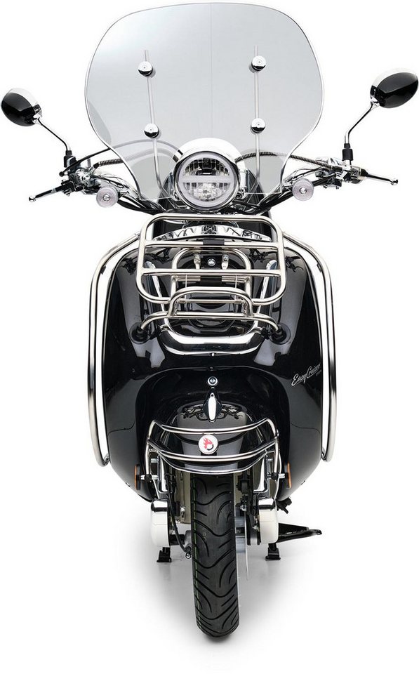 Burnout Motorroller EasyCruiser Chrom Schwarz, 50 ccm, 45 km/h, Euro 5, 4-Takt EFI, Retro, Weißwandreifen, Windschild, Topcase, LED, USB-A/C – Bild 4 von 5