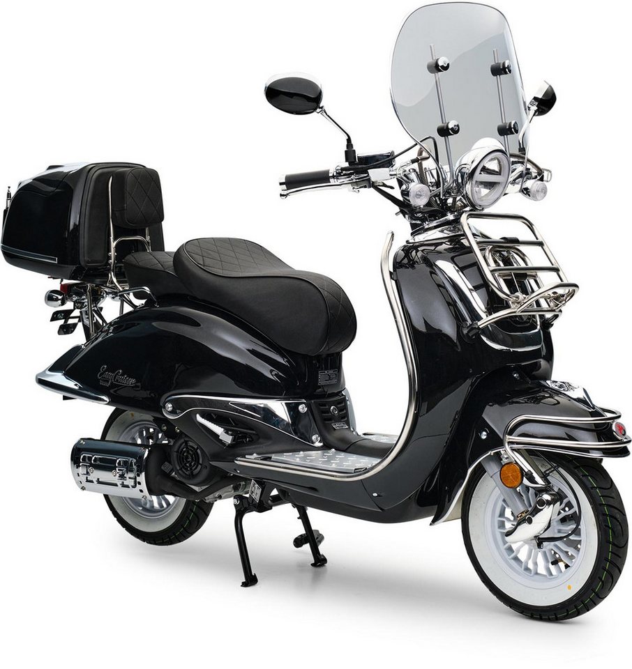 Burnout Motorroller EasyCruiser Chrom Schwarz, 50 ccm, 45 km/h, Euro 5, 4-Takt EFI, Retro, Weißwandreifen, Windschild, Topcase, LED, USB-A/C – Bild 5 von 5