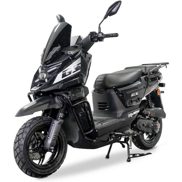 Burnout Motorroller GS-50 Schwarz, 50 ccm, 45 km/h, Euro 5, 4-Takt EFI, Sturzbügel, Windschild, LED-Display, USB, Gepäckträger