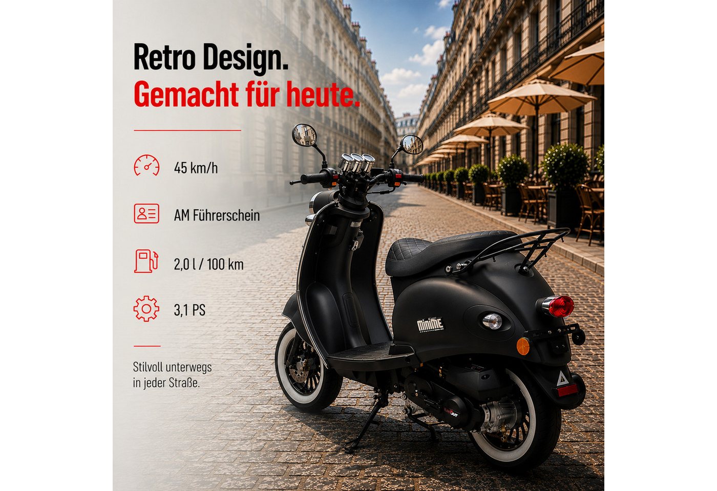 Burnout Motorroller MiniMe 2.0 Mattgrün, 50 ccm, 45 km/h, Euro 5, Unverwechselbares Retro Design, Mofa – Bild 2 von 5