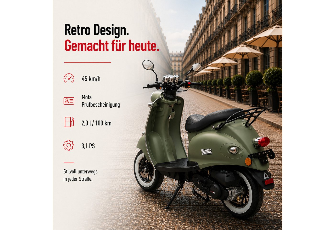 Burnout Motorroller MiniMe 2.0 Mattgrün, 50 ccm, 45 km/h, Euro 5, Unverwechselbares Retro Design, Moped – Bild 2 von 5