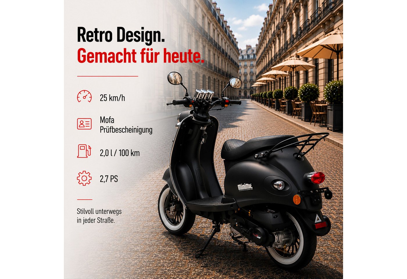 Burnout Motorroller MiniMe 2.0 Mattschwarz, 50 ccm, 25 km/h, Euro 5, (50 ccm. 25 km/h, Euro 5), Unverwechselbares Retro Design, Mofa – Bild 2 von 5