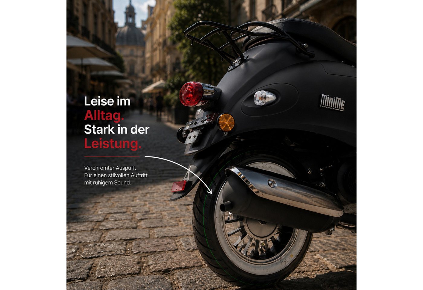 Burnout Motorroller MiniMe 2.0 Mattschwarz, 50 ccm, 25 km/h, Euro 5, (50 ccm. 25 km/h, Euro 5), Unverwechselbares Retro Design, Mofa – Bild 5 von 5