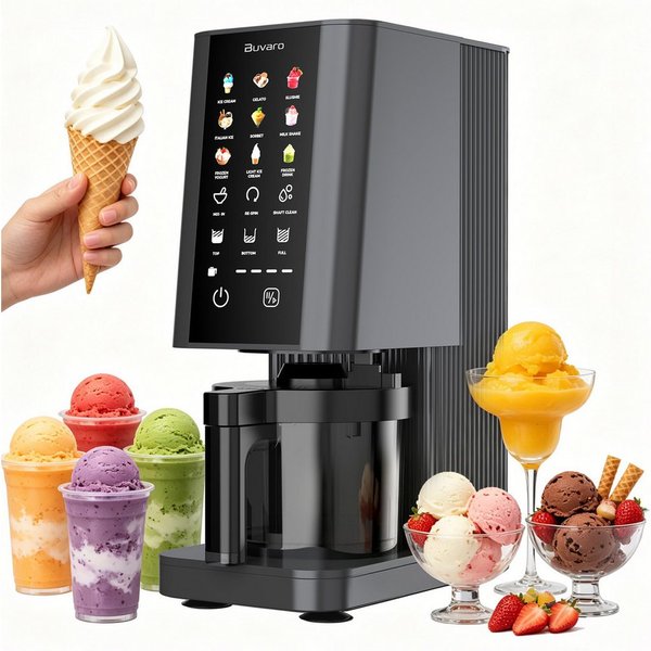 BUVARO Eismaschine Dessertmaschine, 9 Programmen, mit 3×430ML Behältern, 0,43 l, 700 W, mit Mix-In-Funktion,für Eiscreme, Gelato, Sorbet, Milchshakes und mehr