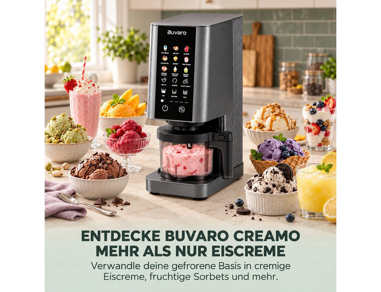 BUVARO Eismaschine Dessertmaschine, 9 Programmen, mit 3×430ML Behältern, 0,43 l, 700 W, mit Mix-In-Funktion,für Eiscreme, Gelato, Sorbet, Milchshakes und mehr – Bild 2 von 5