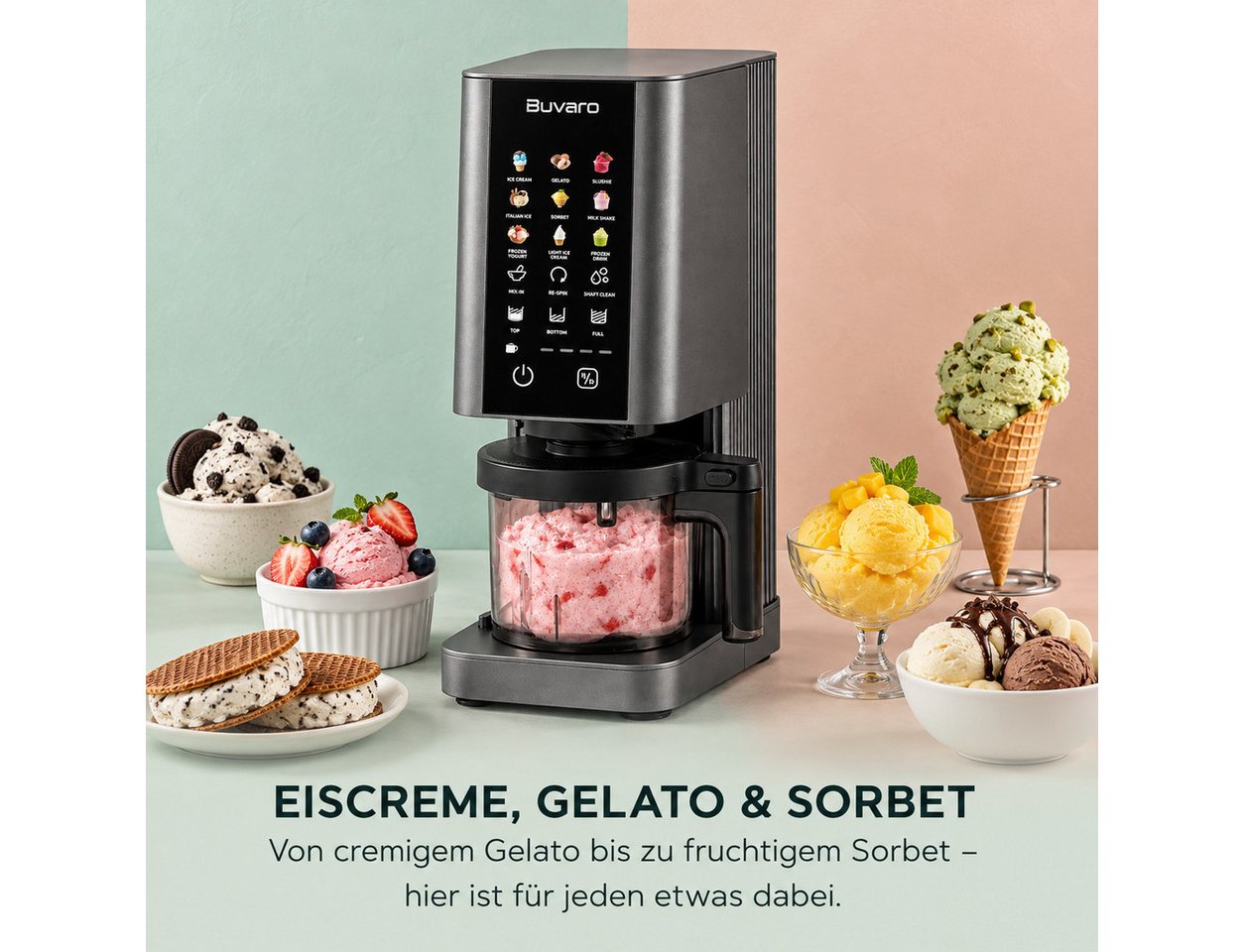 BUVARO Eismaschine Dessertmaschine, 9 Programmen, mit 3×430ML Behältern, 0,43 l, 700 W, mit Mix-In-Funktion,für Eiscreme, Gelato, Sorbet, Milchshakes und mehr – Bild 3 von 5