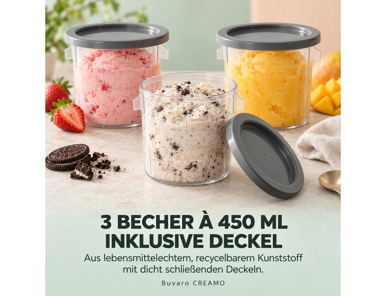 BUVARO Eismaschine Dessertmaschine, 9 Programmen, mit 3×430ML Behältern, 0,43 l, 700 W, mit Mix-In-Funktion,für Eiscreme, Gelato, Sorbet, Milchshakes und mehr – Bild 5 von 5