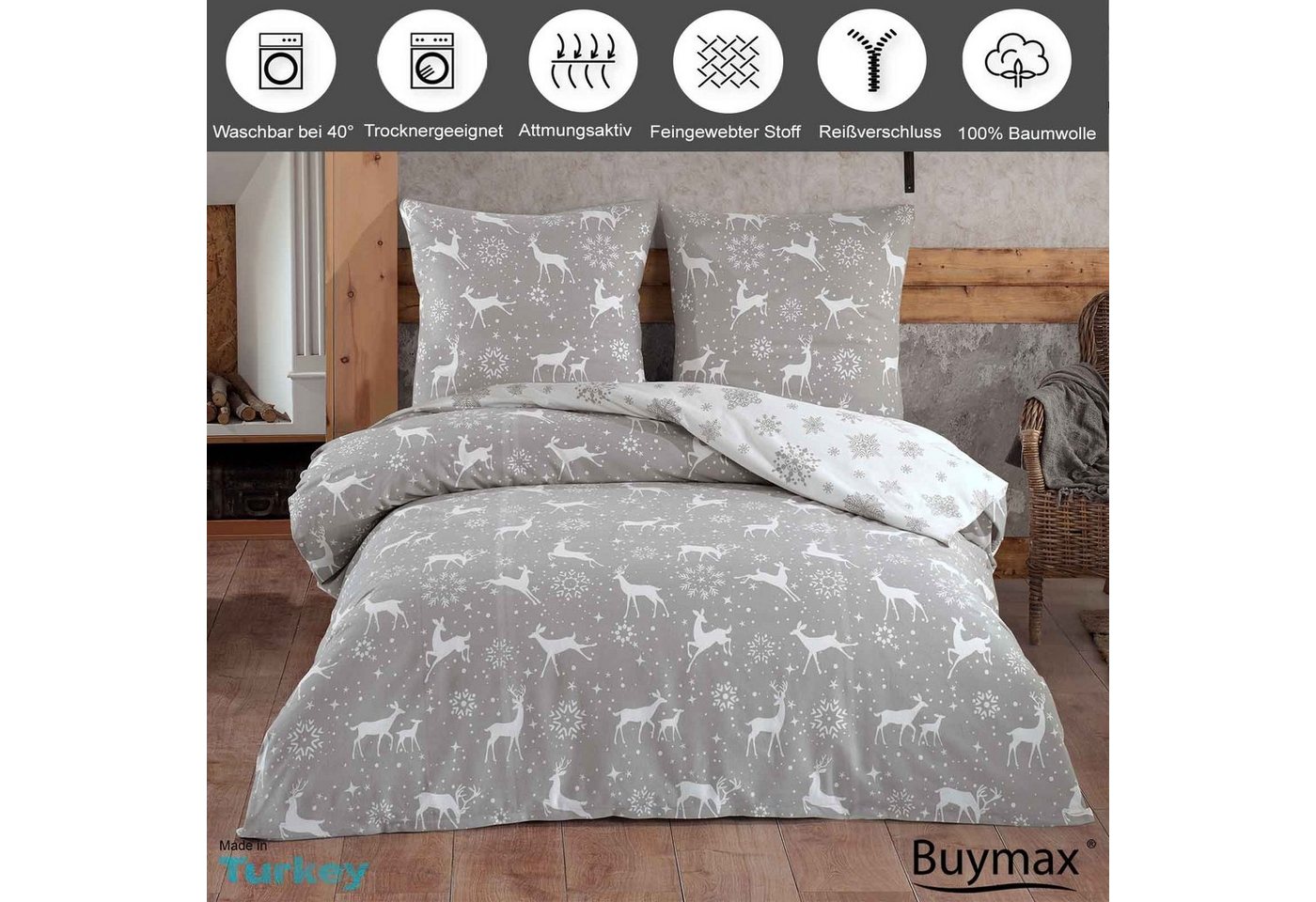 Buymax Bettwäsche, Biber, 3 teilig, 200x200 cm Flanell 100% Baumwolle Winterbettwäsche mit Reißverschluss – Bild 2 von 5