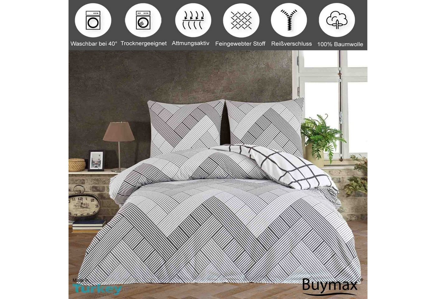 Buymax Bettwäsche, Biber, 3 teilig, 200x200 cm Flanell 100% Baumwolle Winterbettwäsche mit Reißverschluss – Bild 2 von 5