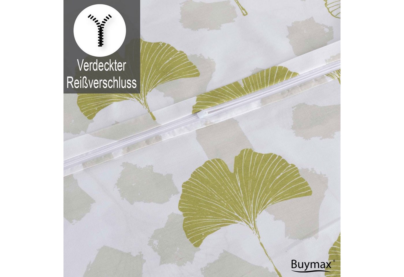 Buymax Bettwäsche, Renforce: 100% Baumwolle, 3 teilig, 200x200 cm Bettbezug Set mit Reißverschluss, Blätter, Weiß Hellgrün – Bild 4 von 4