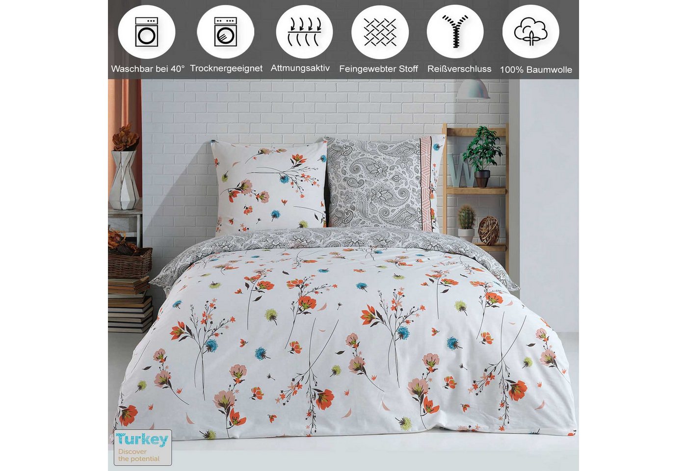 Buymax Bettwäsche Adalia, Aria, Renforcé, 100% Baumwolle, Renforcé, 2 teilig, Bettbezug-Set 155x220 cm 100% Baumwolle Reißverschluss Blumen Weiß – Bild 2 von 5