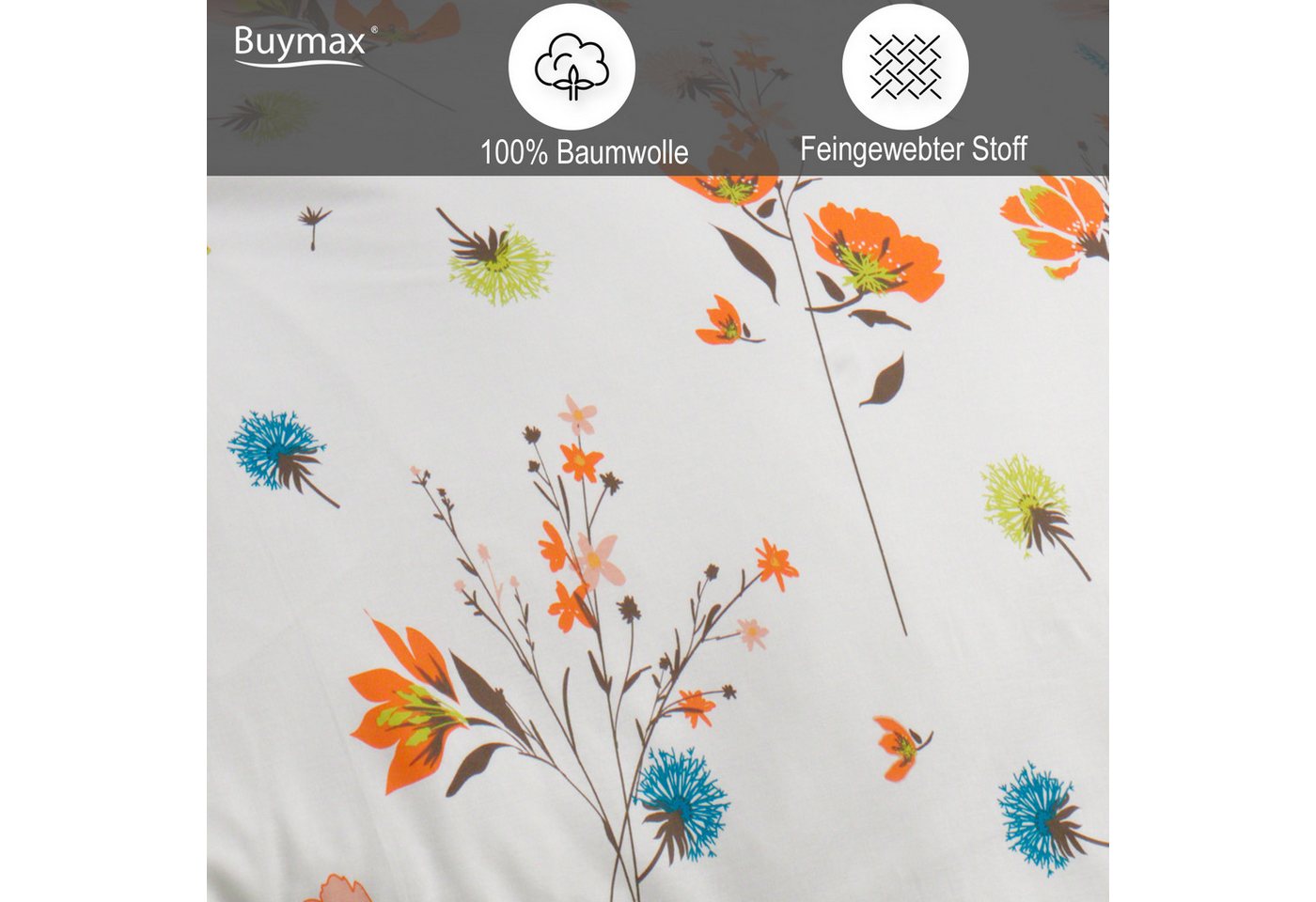 Buymax Bettwäsche Adalia, Aria, Renforcé, 100% Baumwolle, Renforcé, 2 teilig, Bettbezug-Set 155x220 cm 100% Baumwolle Reißverschluss Blumen Weiß – Bild 3 von 5