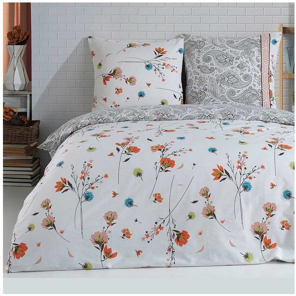 Buymax Bettwäsche Adalia, Aria, Renforcé, 100% Baumwolle, Renforcé, 3 teilig, Bettbezug-Set 200x220 cm 100% Baumwolle Reißverschluss Blumen Weiß