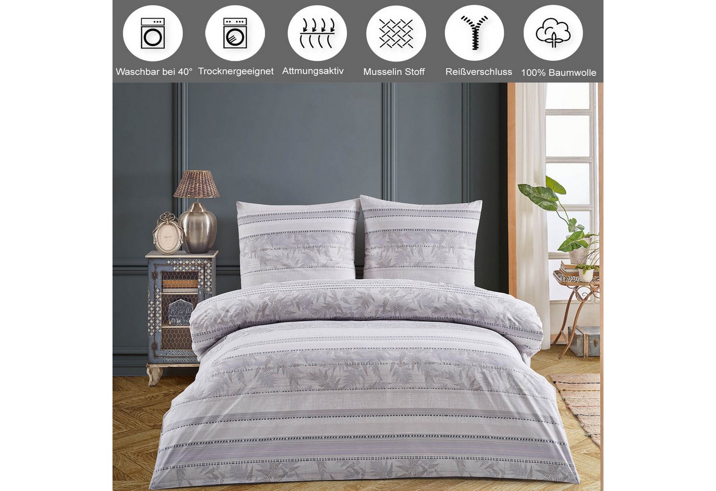 Buymax Bettwäsche Alandra Renforcé, 100% Baumwolle, Renforcé, 2 teilig, Bettbezug-Set 100% Baumwolle 155x220 cm Reißverschluss gestreift Lila – Bild 2 von 5
