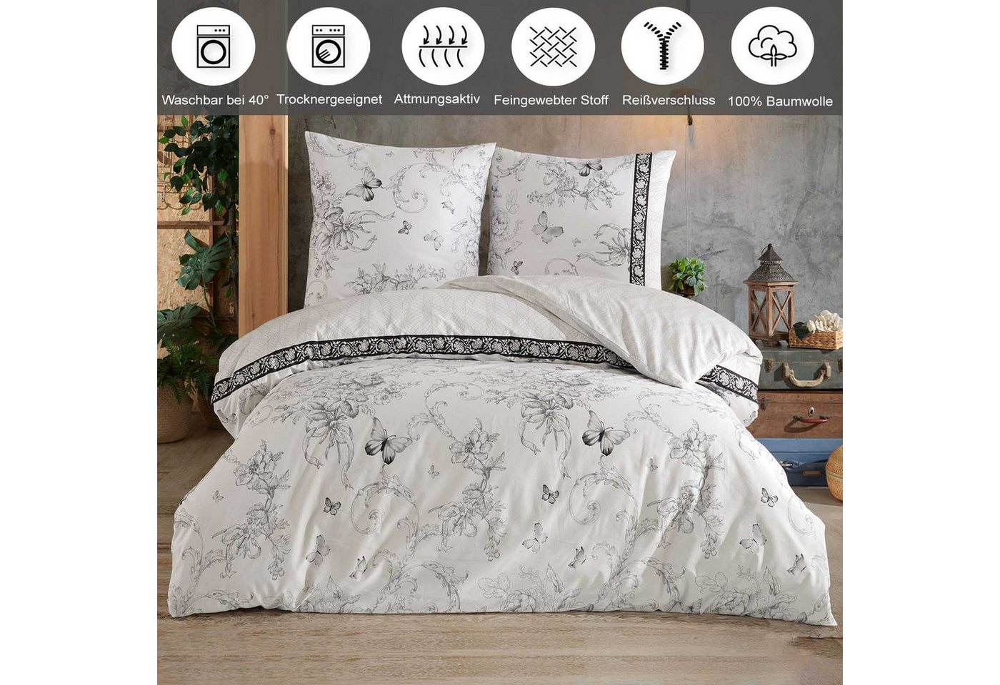 Buymax Bettwäsche Alegra Renforcé, 100% Baumwolle, Renforcé: 100% Baumwolle, 3 teilig, 200x200 cm mit Reißverschluss, Geblümt Schmetterlinge, Schwarz Weiß – Bild 2 von 5
