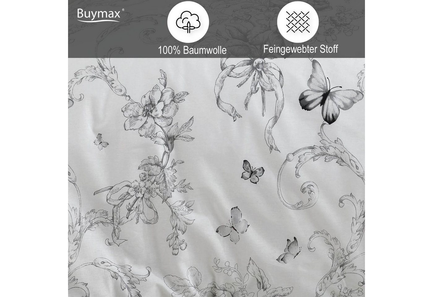 Buymax Bettwäsche Alegra Renforcé, 100% Baumwolle, Renforcé: 100% Baumwolle, 4 teilig, 155x220 cm mit Reißverschluss, Geblümt Schmetterlinge, Schwarz Weiß – Bild 3 von 5