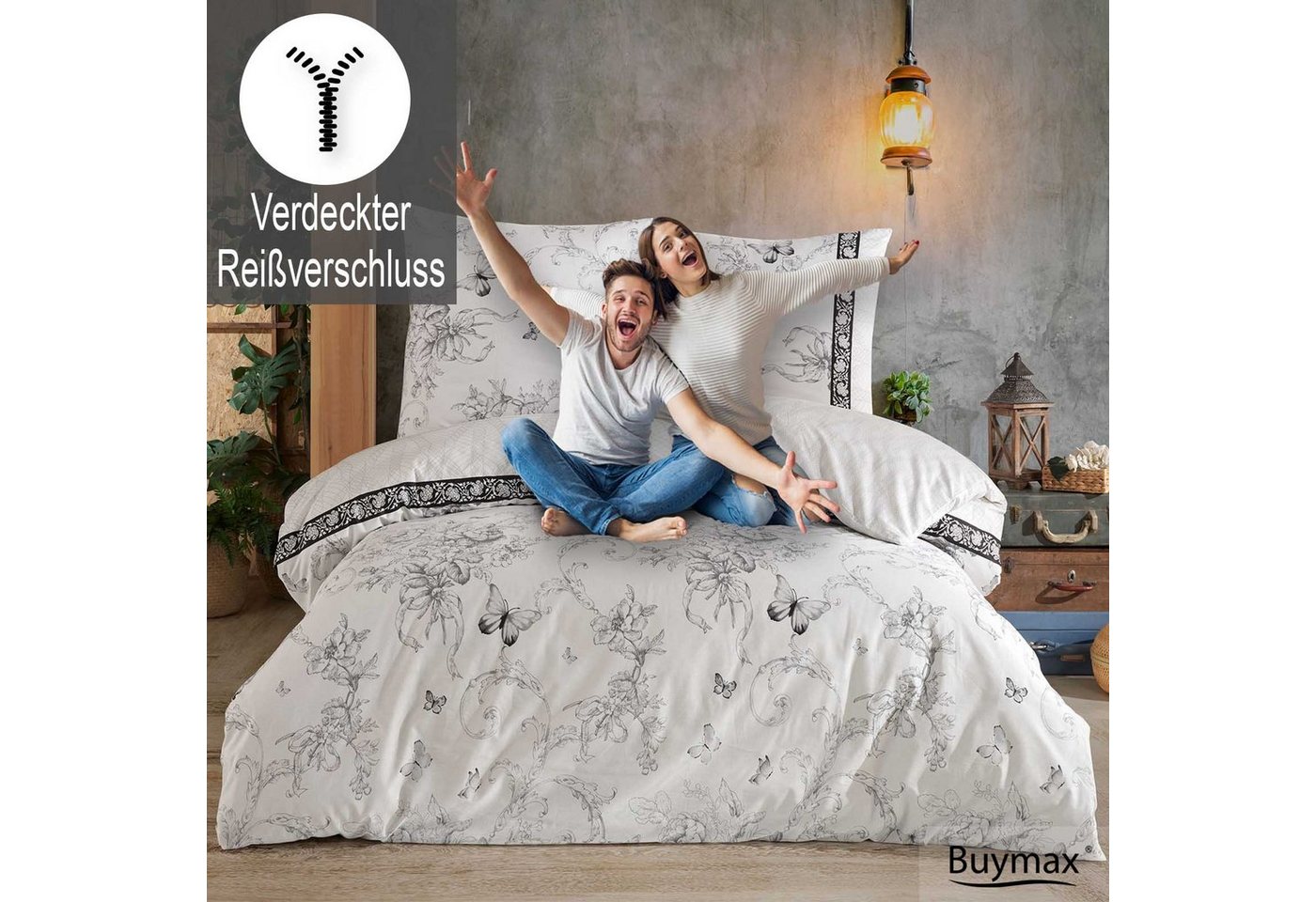 Buymax Bettwäsche Alegra Renforcé, 100% Baumwolle, Renforcé: 100% Baumwolle, 4 teilig, 155x220 cm mit Reißverschluss, Geblümt Schmetterlinge, Schwarz Weiß – Bild 4 von 5