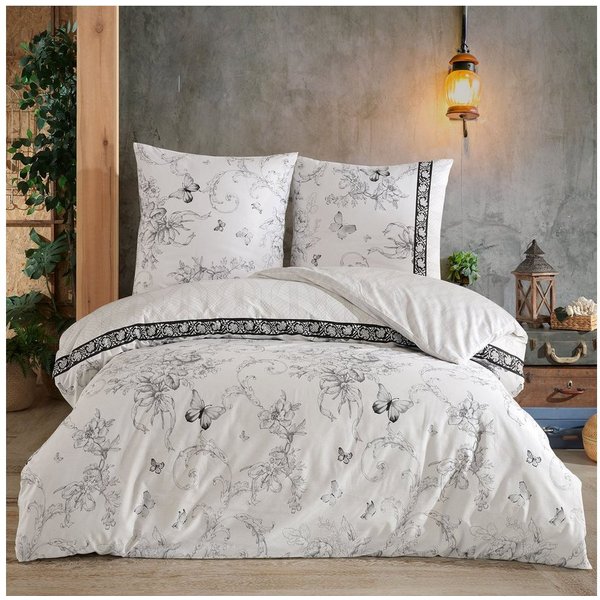 Buymax Bettwäsche Alegra Renforcé, 100% Baumwolle, Renforcé: 100% Baumwolle, 3 teilig, 200x220 cm mit Reißverschluss, Geblümt Schmetterlinge, Schwarz Weiß