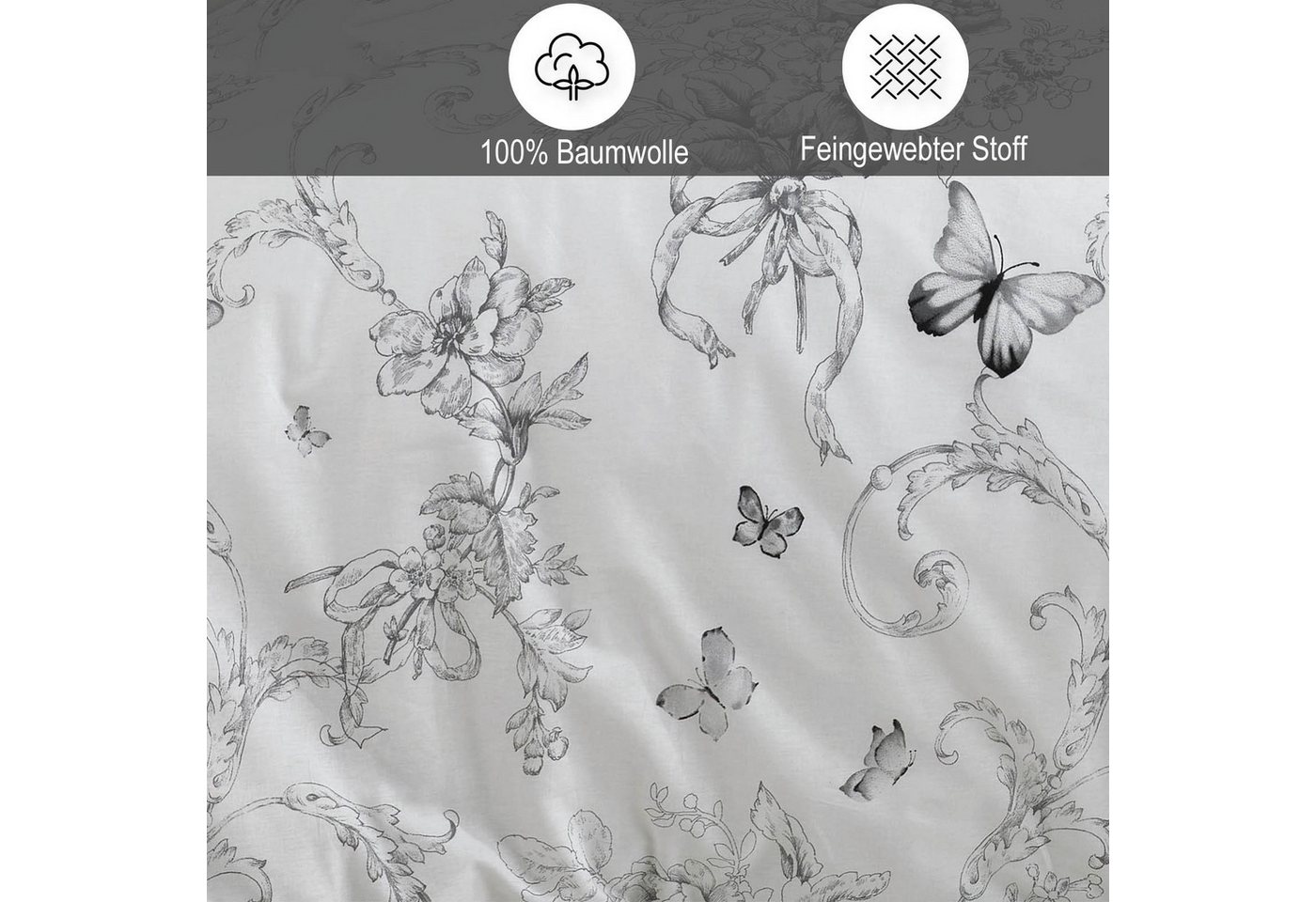 Buymax Bettwäsche Alegra Renforcé, 100% Baumwolle, Renforcé: 100% Baumwolle, 2 teilig, 155x220 cm mit Reißverschluss, Geblümt Schmetterlinge, Schwarz Weiß – Bild 3 von 5