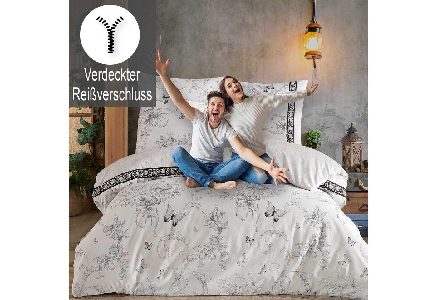 Buymax Bettwäsche Alegra Renforcé, 100% Baumwolle, Renforcé: 100% Baumwolle, 2 teilig, 135x200 cm mit Reißverschluss, Geblümt Schmetterlinge, Schwarz Weiß – Bild 4 von 5