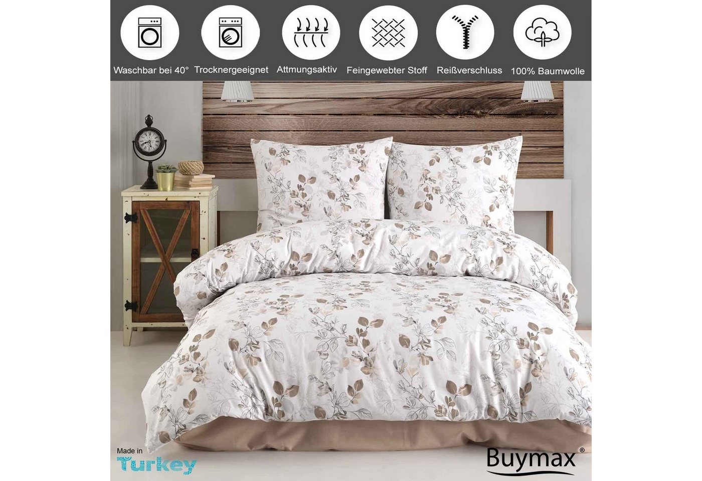 Buymax Bettwäsche Almira, 100% Baumwolle, Biber, 2 teilig, Bettwäsche-Set Bett- und Kopfkissenbezug mit Reißverschluss 155x220 cm – Bild 2 von 5