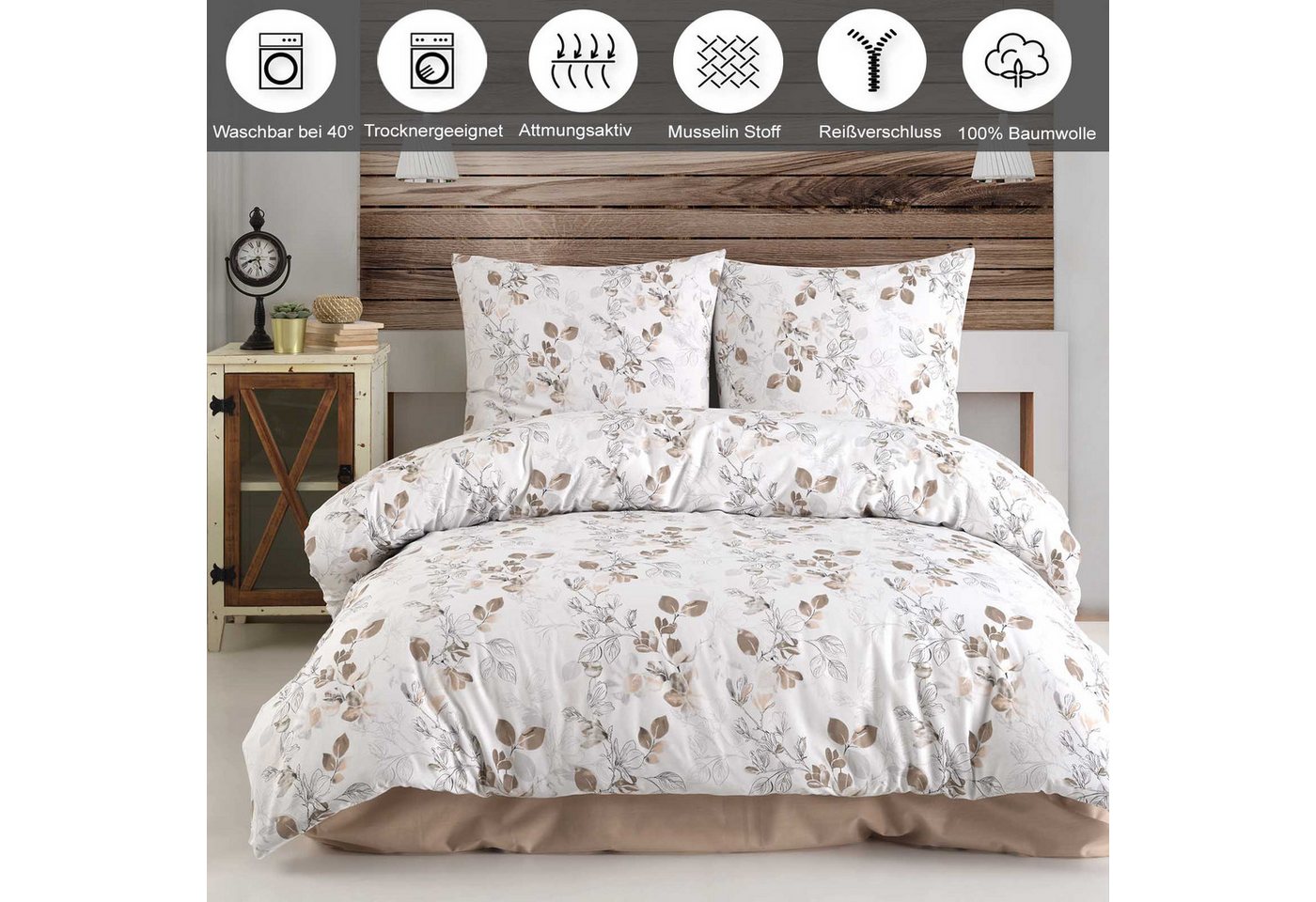 Buymax Bettwäsche Almira, 100% Baumwolle, Renforcé, 2 teilig, Bettwäsche-Set Bett- und Kopfkissenbezug mit Reißverschluss 155x220 cm – Bild 2 von 5