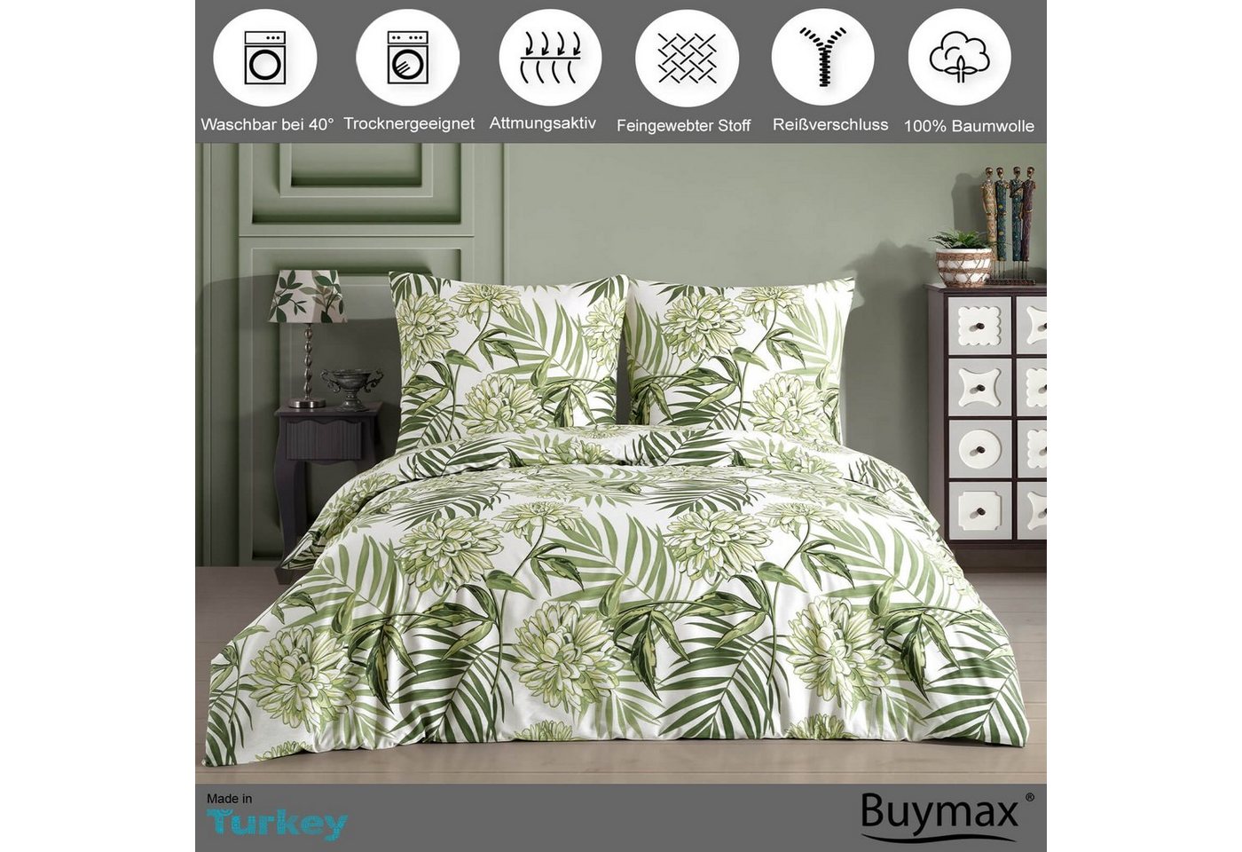 Buymax Bettwäsche Amazing Green, Renforcé, 100% Baumwolle, Renforcé: 100% Baumwolle, 3 teilig, 200x200 cm, Bettbezug-Set, mit Reißverschluss, Blumen Eukalyptus  – Bild 2 von 5