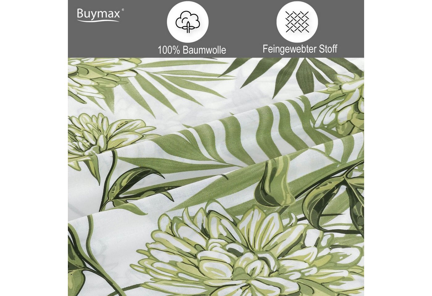 Buymax Bettwäsche Amazing Green, Renforcé, 100% Baumwolle, Renforcé: 100% Baumwolle, 3 teilig, 200x200 cm, Bettbezug-Set, mit Reißverschluss, Blumen Eukalyptus  – Bild 3 von 5