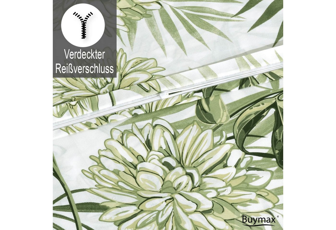 Buymax Bettwäsche Amazing Green, Renforcé, 100% Baumwolle, Renforcé: 100% Baumwolle, 3 teilig, 200x200 cm, Bettbezug-Set, mit Reißverschluss, Blumen Eukalyptus  – Bild 4 von 5