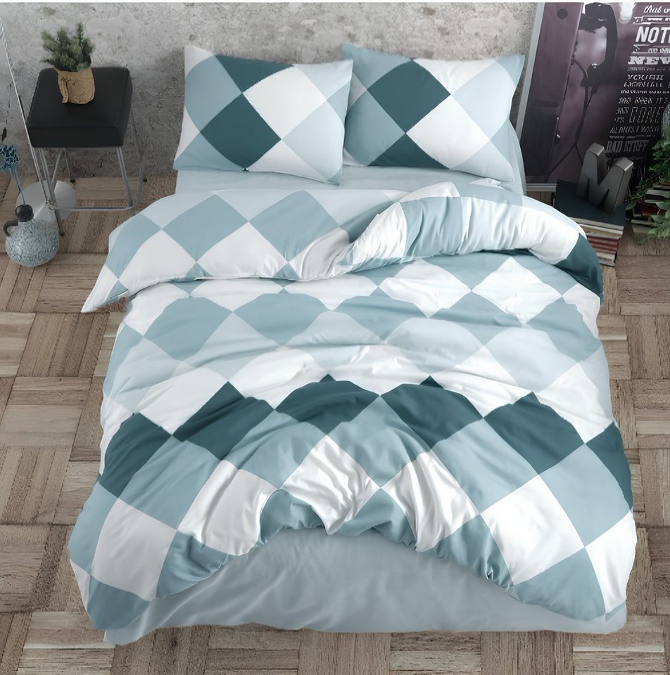 Buymax Bettwäsche Anaga, Renforcé, 100% Baumwolle, Renforce: 100% Baumwolle, 3 teilig, mit Reißverschluss, modern gemustert, Karo, Blau, Petrol, 200x220 cm – Bild 2 von 5