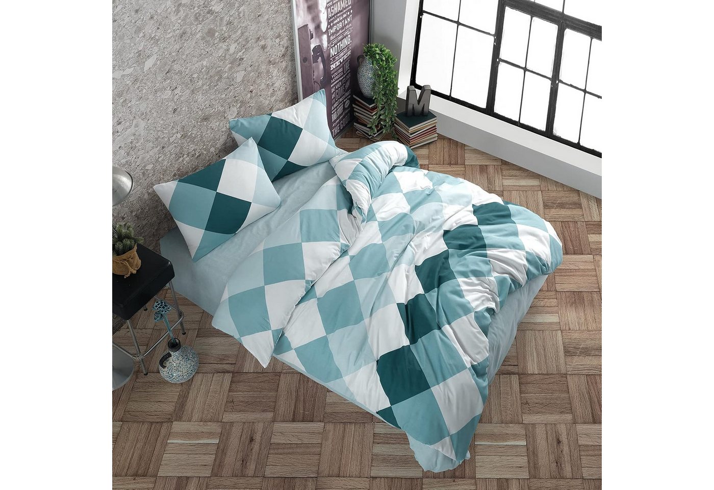Buymax Bettwäsche Anaga, Renforcé, 100% Baumwolle, Renforce: 100% Baumwolle, 3 teilig, mit Reißverschluss, modern gemustert, Karo, Blau, Petrol, 200x220 cm – Bild 3 von 5
