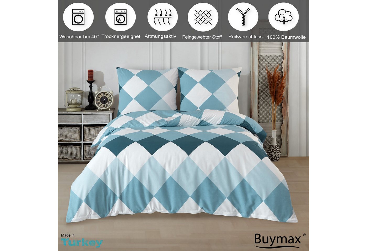 Buymax Bettwäsche Anaga, Renforcé, 100% Baumwolle, Renforce: 100% Baumwolle, 3 teilig, mit Reißverschluss, modern gemustert, Karo, Blau, Petrol, 200x220 cm – Bild 4 von 5