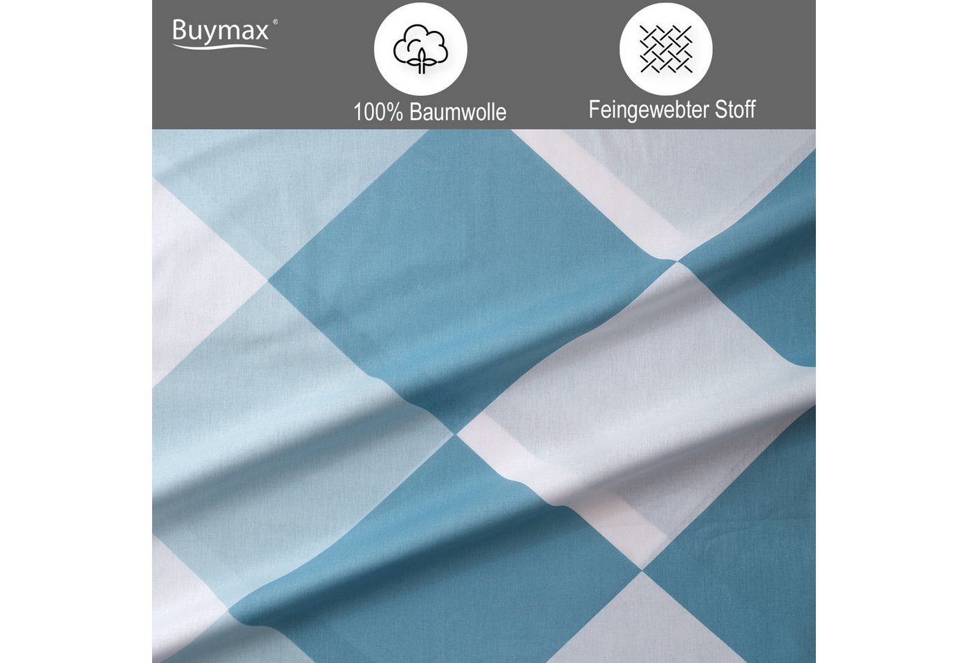 Buymax Bettwäsche Anaga, Renforcé, 100% Baumwolle, Renforce: 100% Baumwolle, 3 teilig, mit Reißverschluss, modern gemustert, Karo, Blau, Petrol, 200x220 cm – Bild 5 von 5