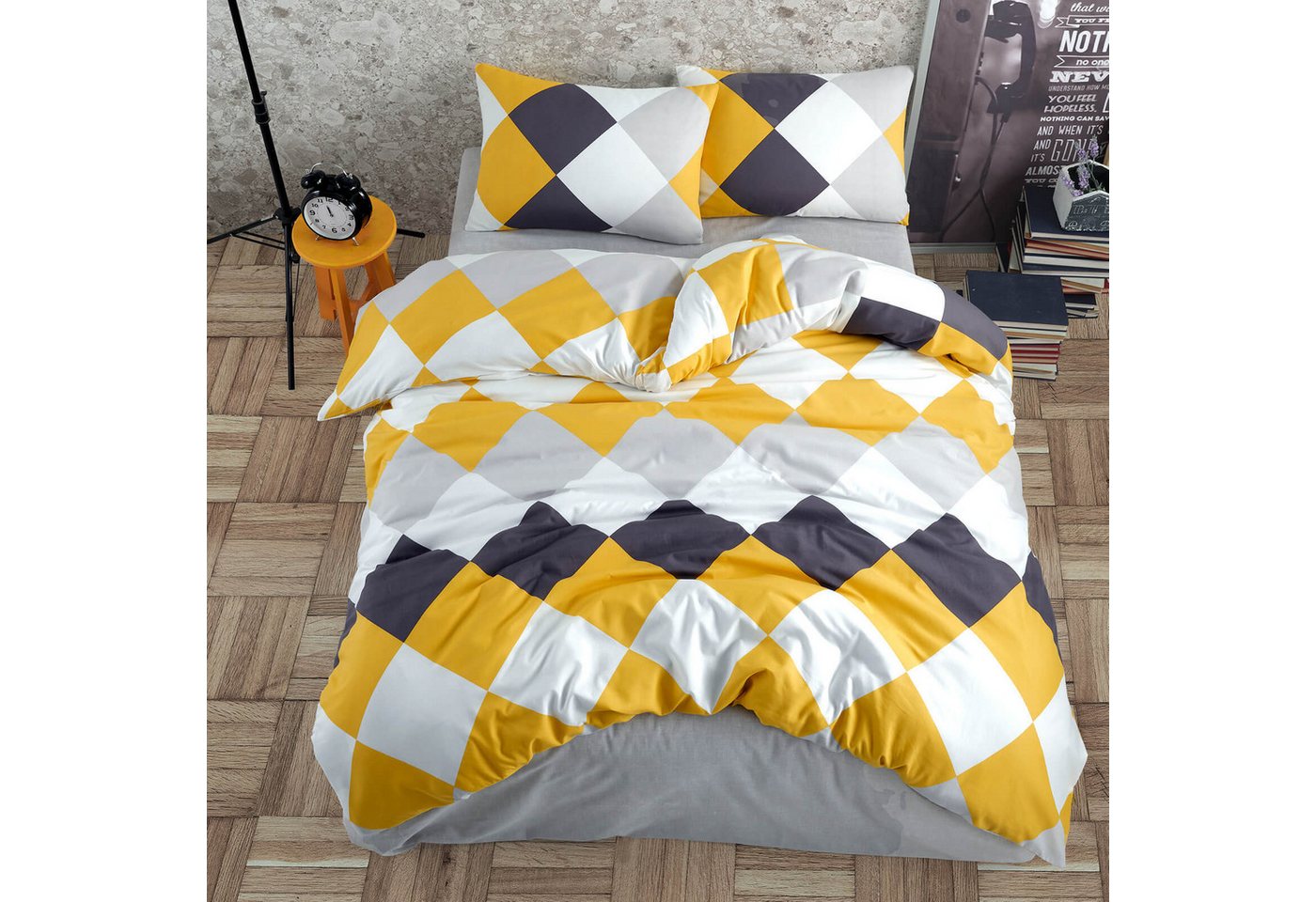 Buymax Bettwäsche Anaga, Renforcé, 100% Baumwolle, Renforce: 100% Baumwolle, 3 teilig, mit Reißverschluss, modern gemustert, Karo, Gelb, 200x200 cm – Bild 2 von 5