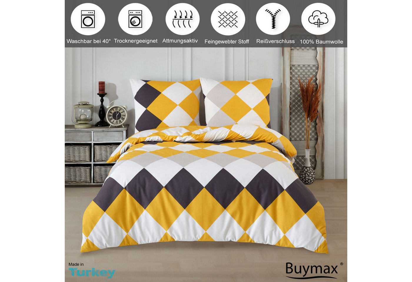 Buymax Bettwäsche Anaga, Renforcé, 100% Baumwolle, Renforce: 100% Baumwolle, 3 teilig, mit Reißverschluss, modern gemustert, Karo, Gelb, 200x200 cm – Bild 4 von 5