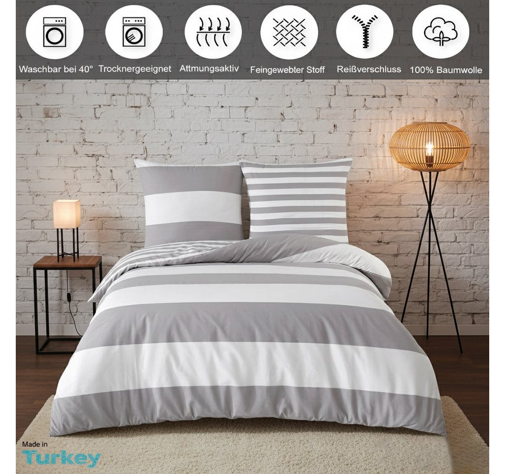 Buymax Bettwäsche Aspara, Renforcé, 100% Baumwolle, Renforcé, 3 teilig, mit Reißverschluss, modern gestreift, Grau Weiß, 200x200 cm – Bild 2 von 5